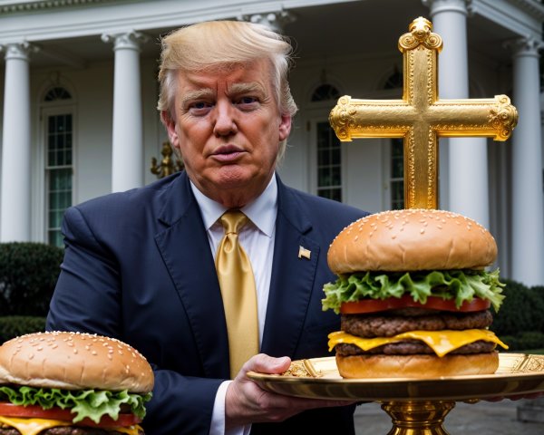 Man in Suit with Hamburger on Tray and Cross Symbol