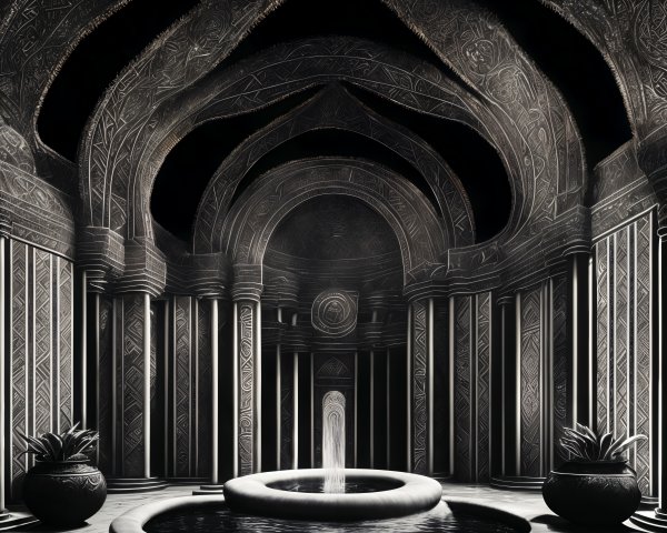 Intricate Palace Interior with Arched Ceilings and Fountain