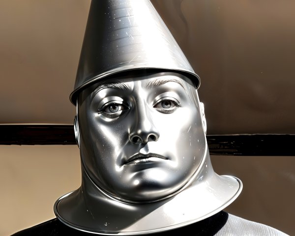 Metallic Figure with Conical Hat in Neutral Background
