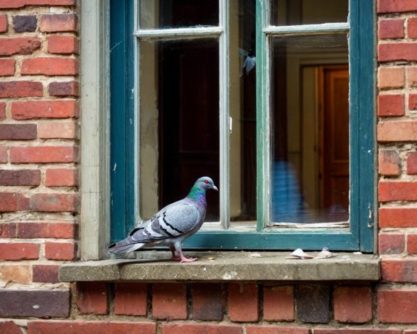 Pigeon on Ledge of Old Brick Building with Open Window
