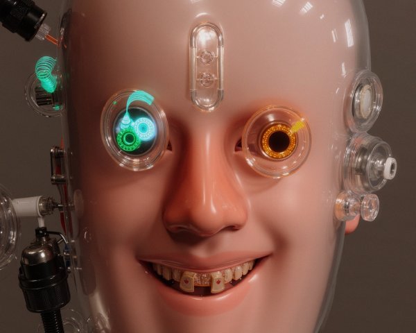 Humanoid Robot with Colorful Eyes and Metallic Smile