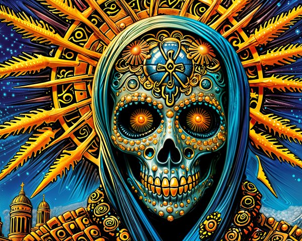 Vibrant Skull Design with Celestial Background Elements