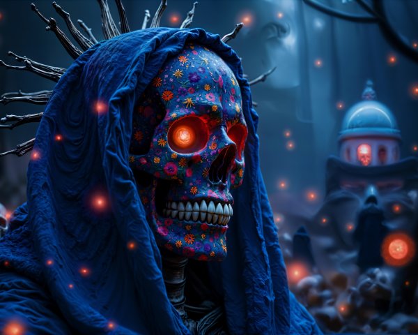 Colorful Skull in Mystical Forest with Eerie Glow
