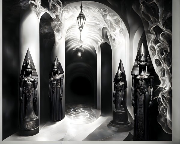 Black-and-White Statues of Ancient Goddesses in Corridor