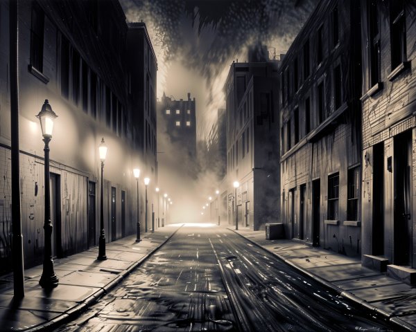 Deserted Night Street with Vintage Lampposts and Clouds