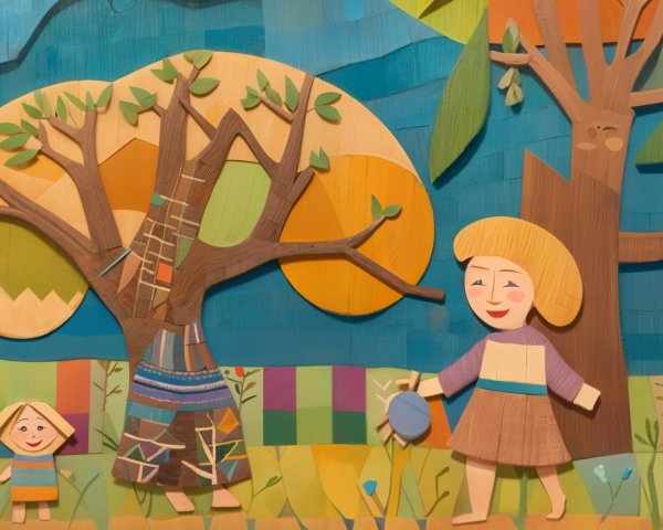 Colorful Collage of Figures and Whimsical Nature Scene