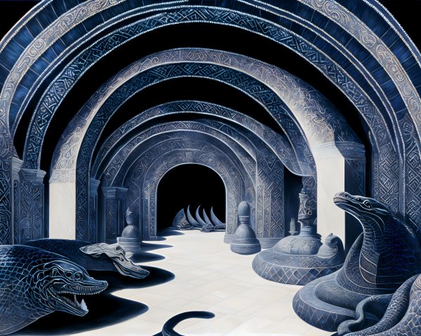 Surreal Blue-Toned Architectural Space with Serpentine Creatures