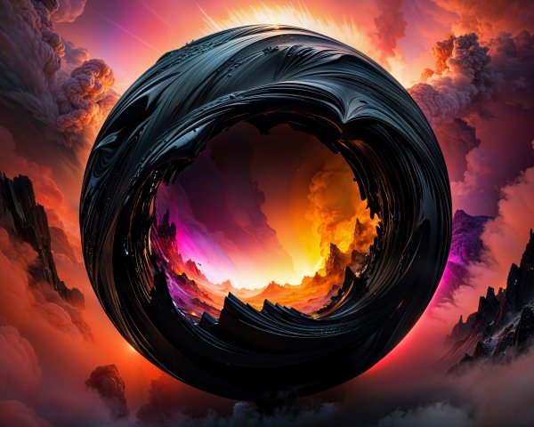 Surreal Landscape with Glossy Black Sphere and Clouds