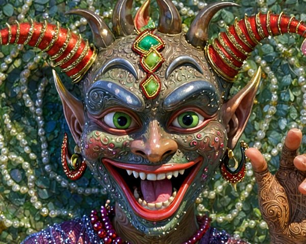 Vibrant Mask with Exaggerated Features and Gemstones