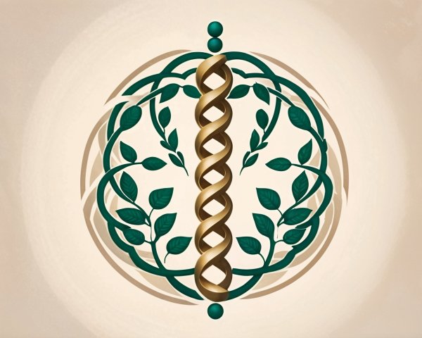 Stylized emblem with golden rod and green leaves