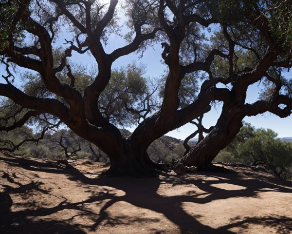 Gnarled tree with branches in a dry, rugged landscape