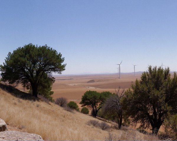 Panoramic Dry Landscape with Hills and Wind Turbines