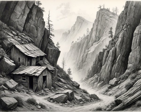 Monochromatic Landscape with Cabin and Valley Rocks