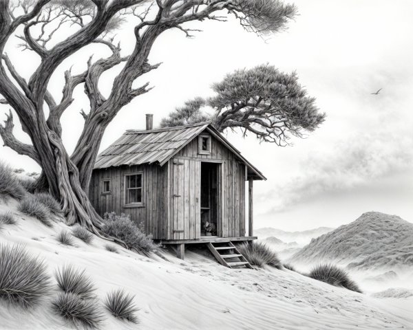 Wooden Cabin in Grayscale Amidst Sandy Landscape