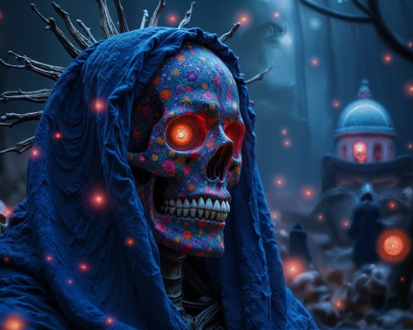 Colorful Skeleton in a Dark, Mysterious Setting