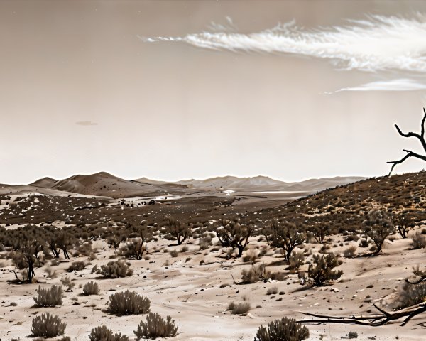 Desolate Landscape with Sandy Terrain and Sparse Vegetation