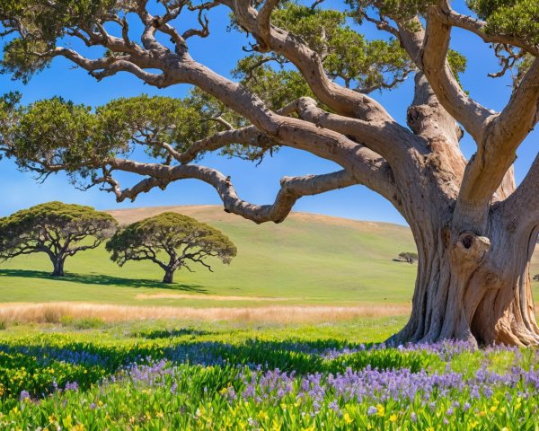 Sprawling Tree and Rolling Green Hills Landscape