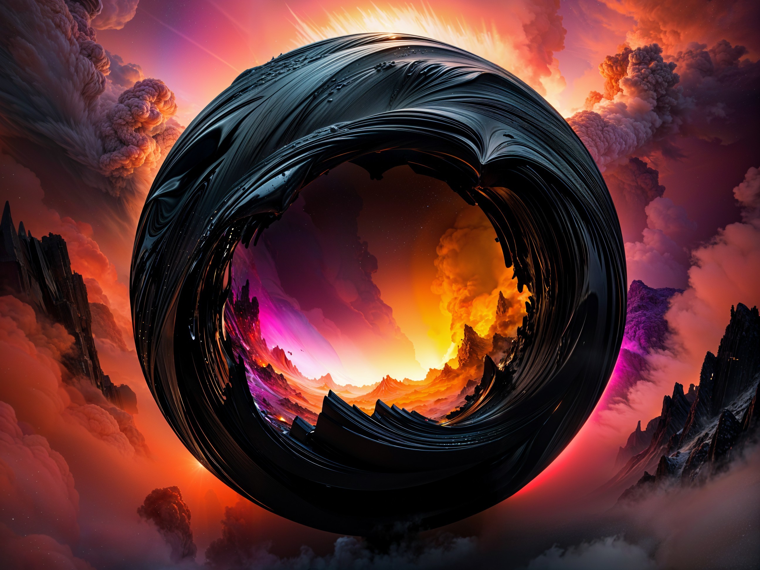 Surreal Landscape with Glossy Black Sphere and Clouds