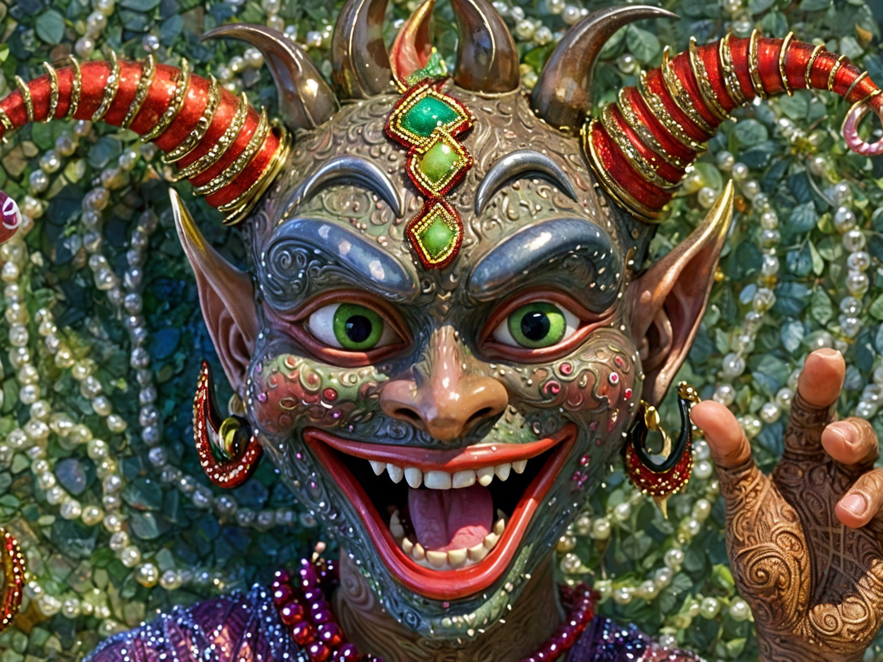 Vibrant Mask with Exaggerated Features and Gemstones
