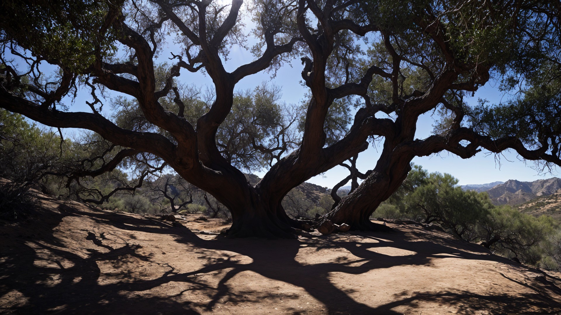 Gnarled tree with branches in a dry, rugged landscape