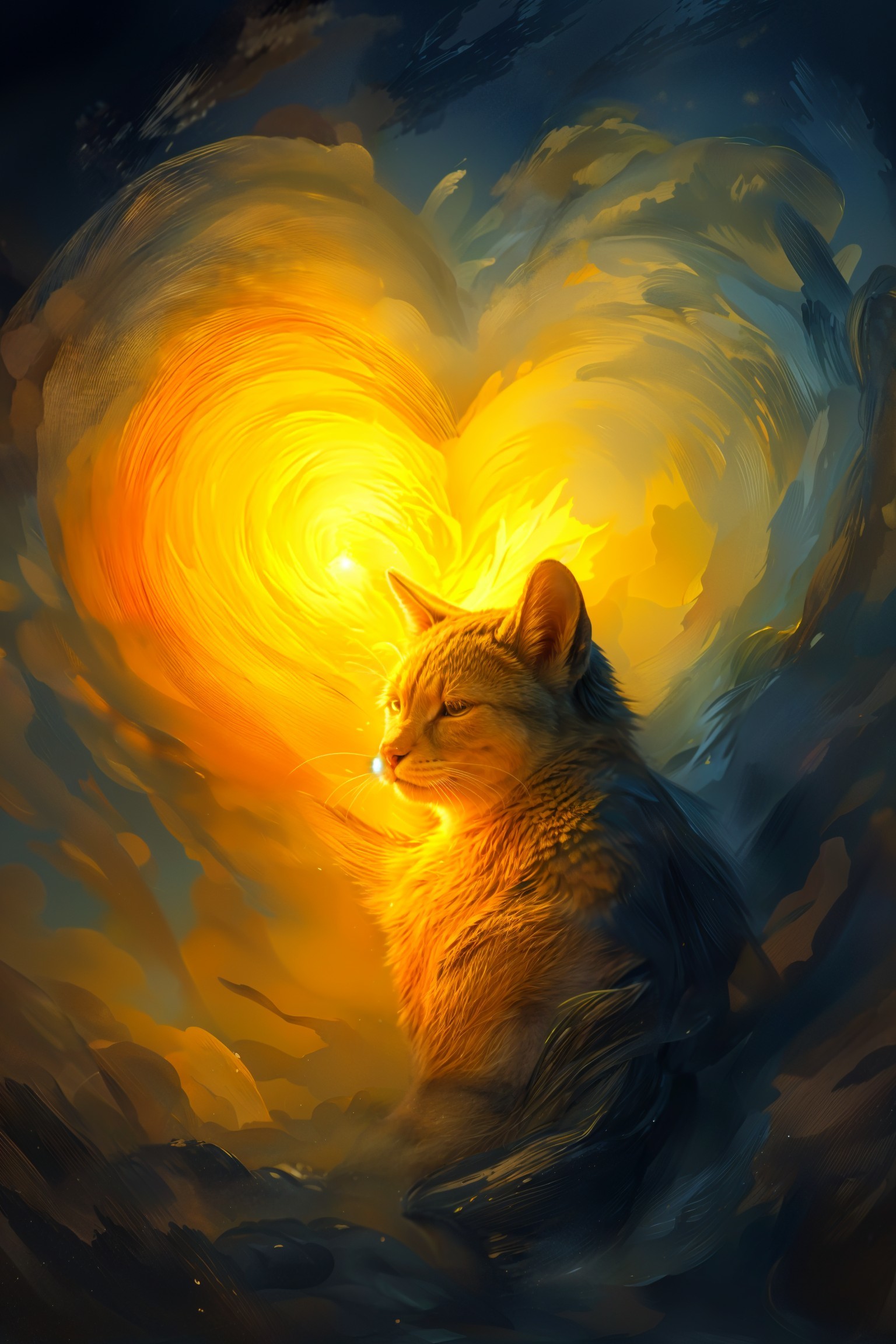 Cat Silhouette Against Warm Heart-Shaped Background
