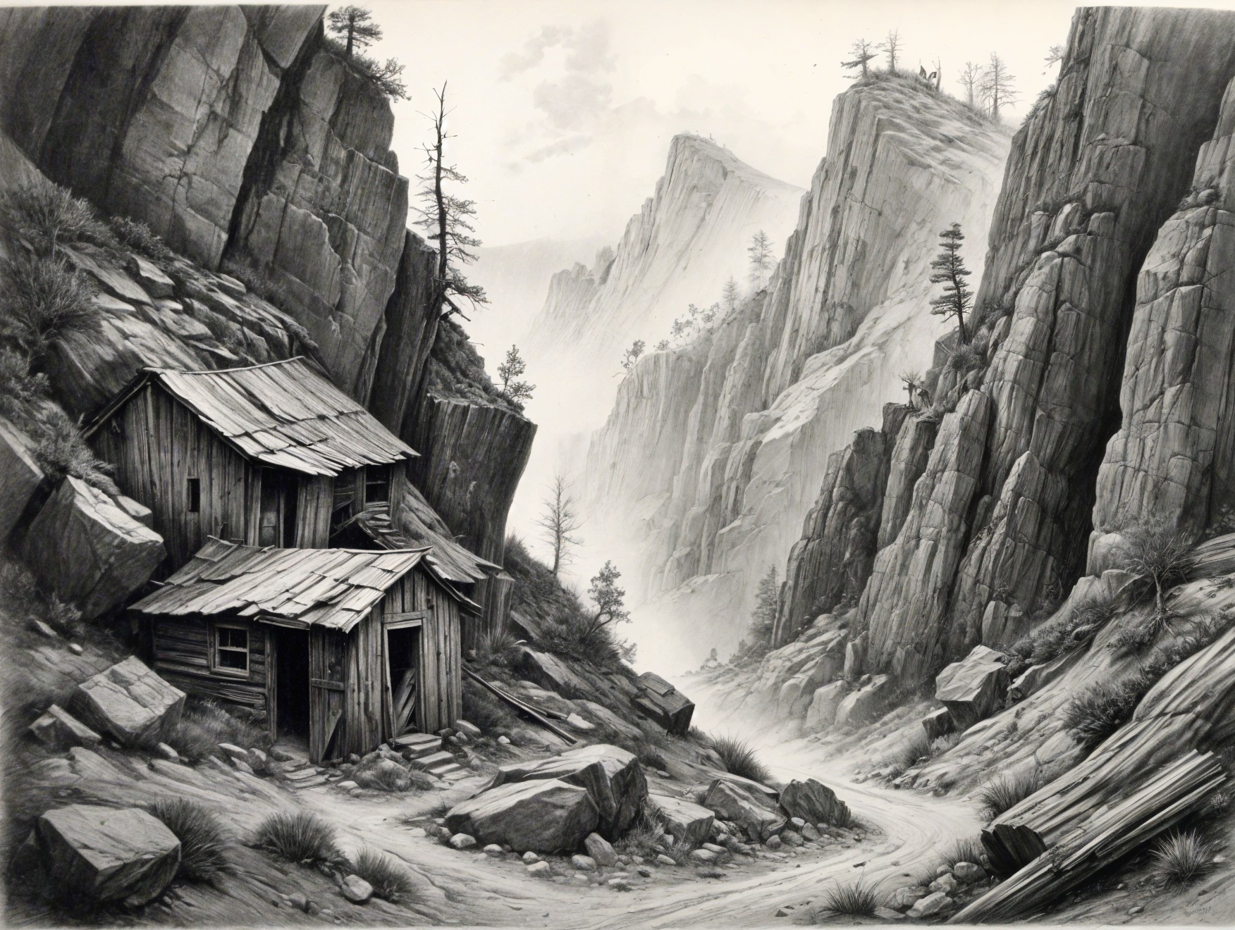 Monochromatic Landscape with Cabin and Valley Rocks