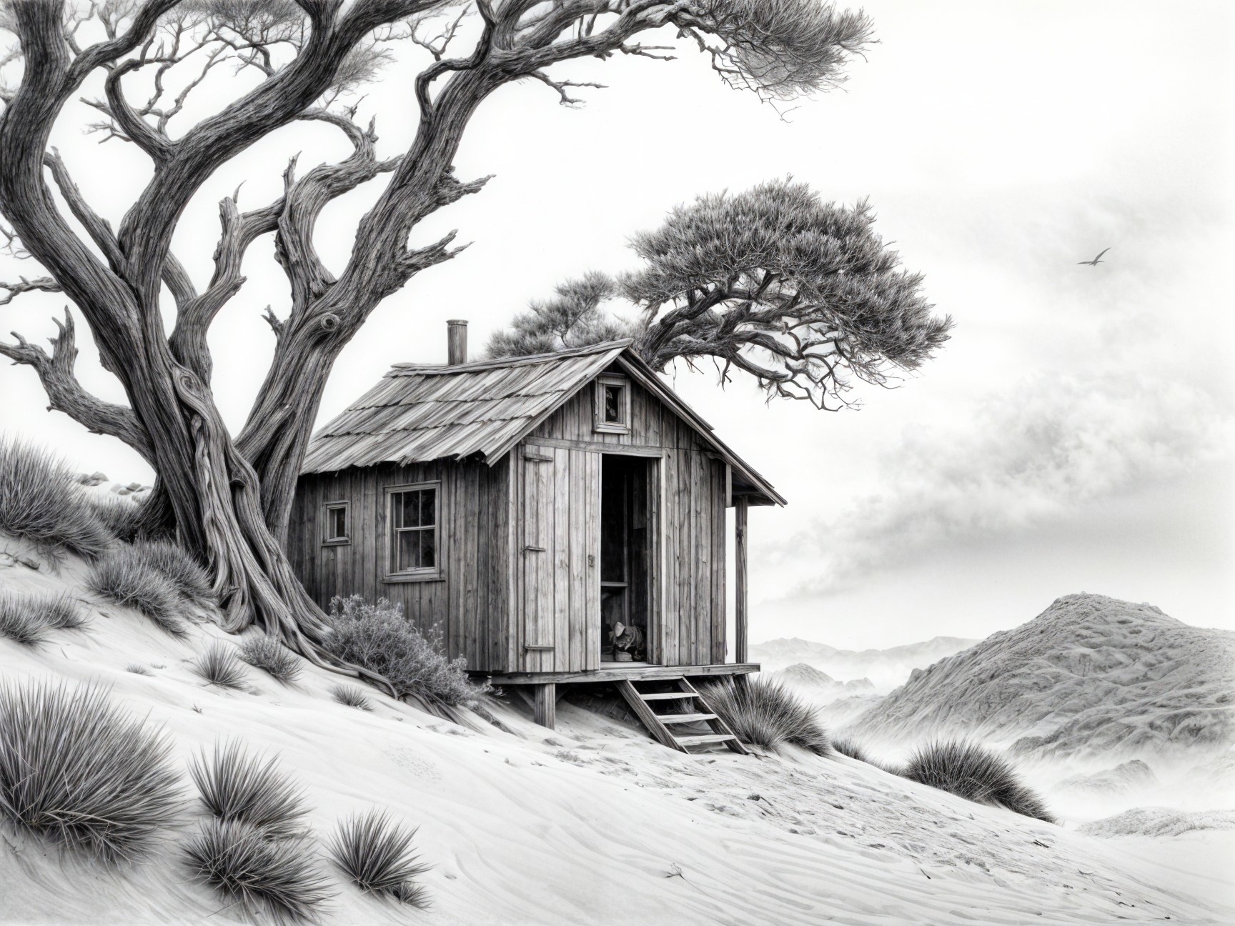 Wooden Cabin in Grayscale Amidst Sandy Landscape