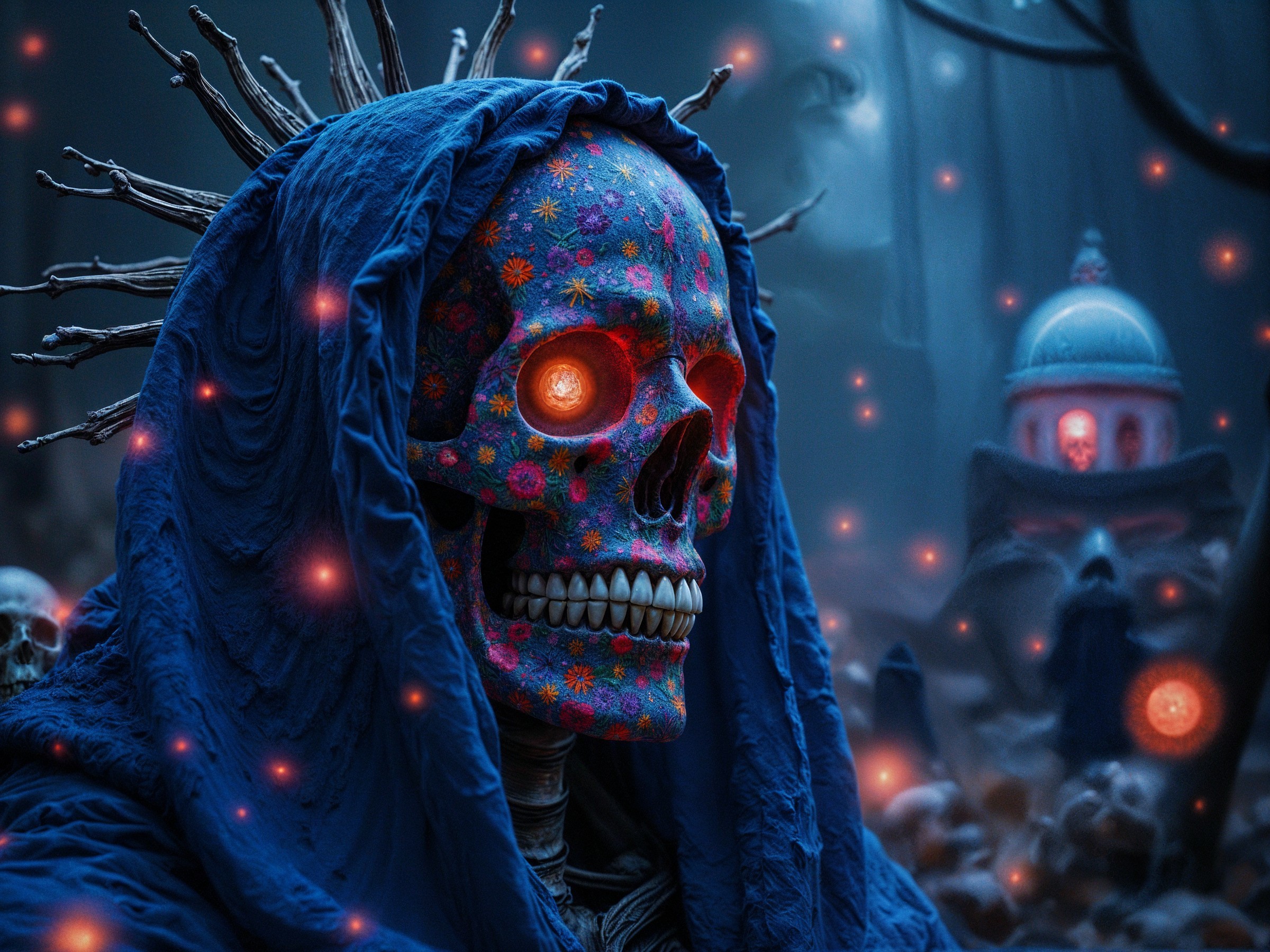 Colorful Skeleton in a Dark, Mysterious Setting