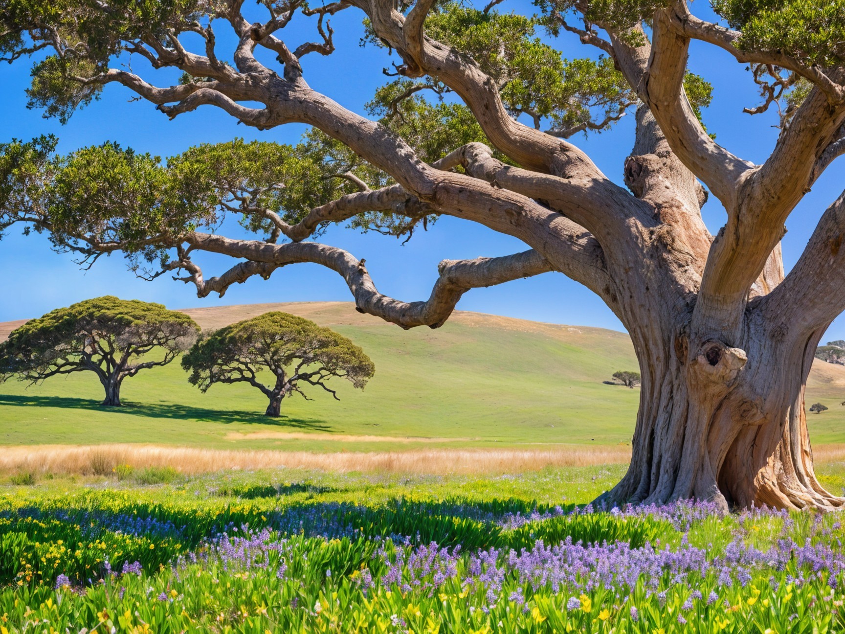 Sprawling Tree and Rolling Green Hills Landscape