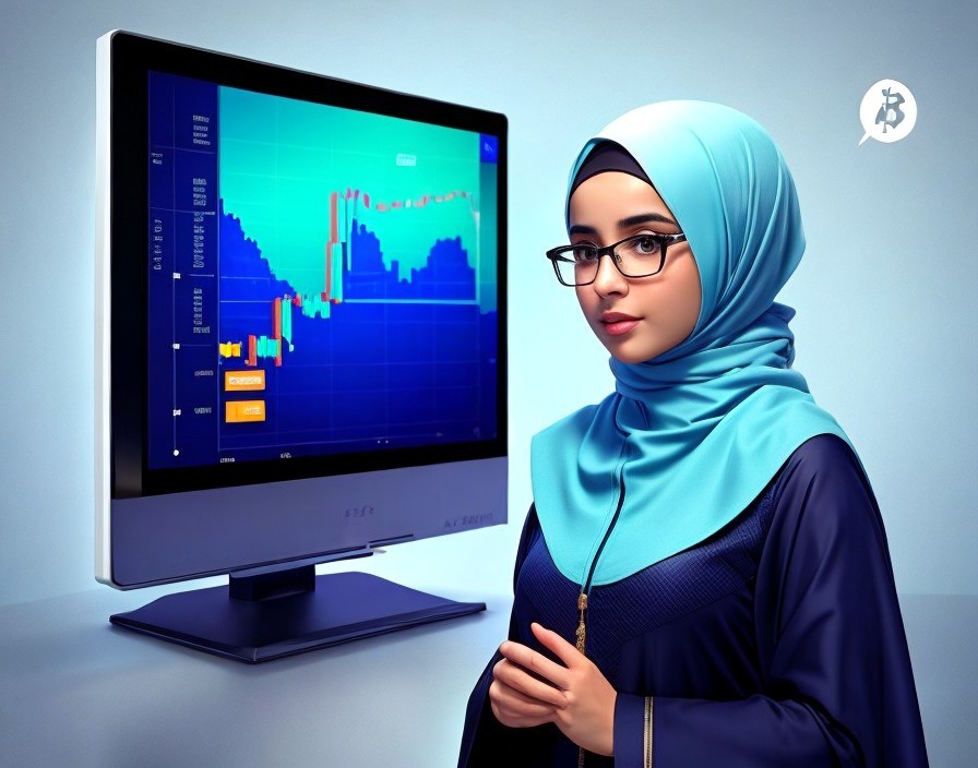 Woman in blue hijab studying cryptocurrency chart