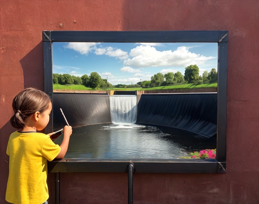 Child in Yellow Shirt Pretending to Paint Waterfall Scene