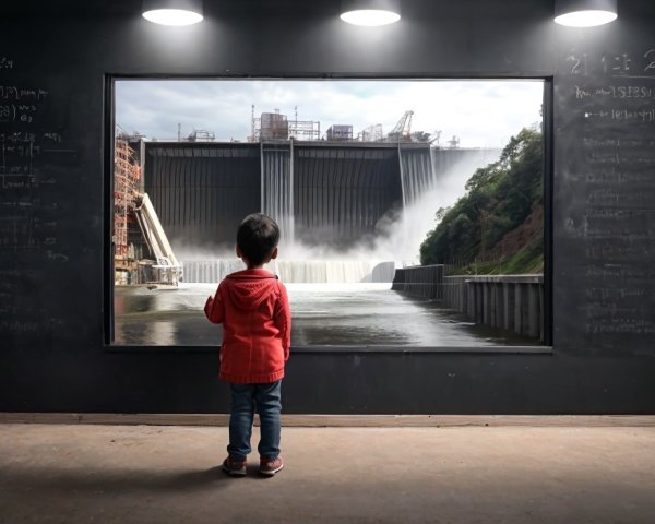 Child in Red Hoodie Observing Water Release at Dam