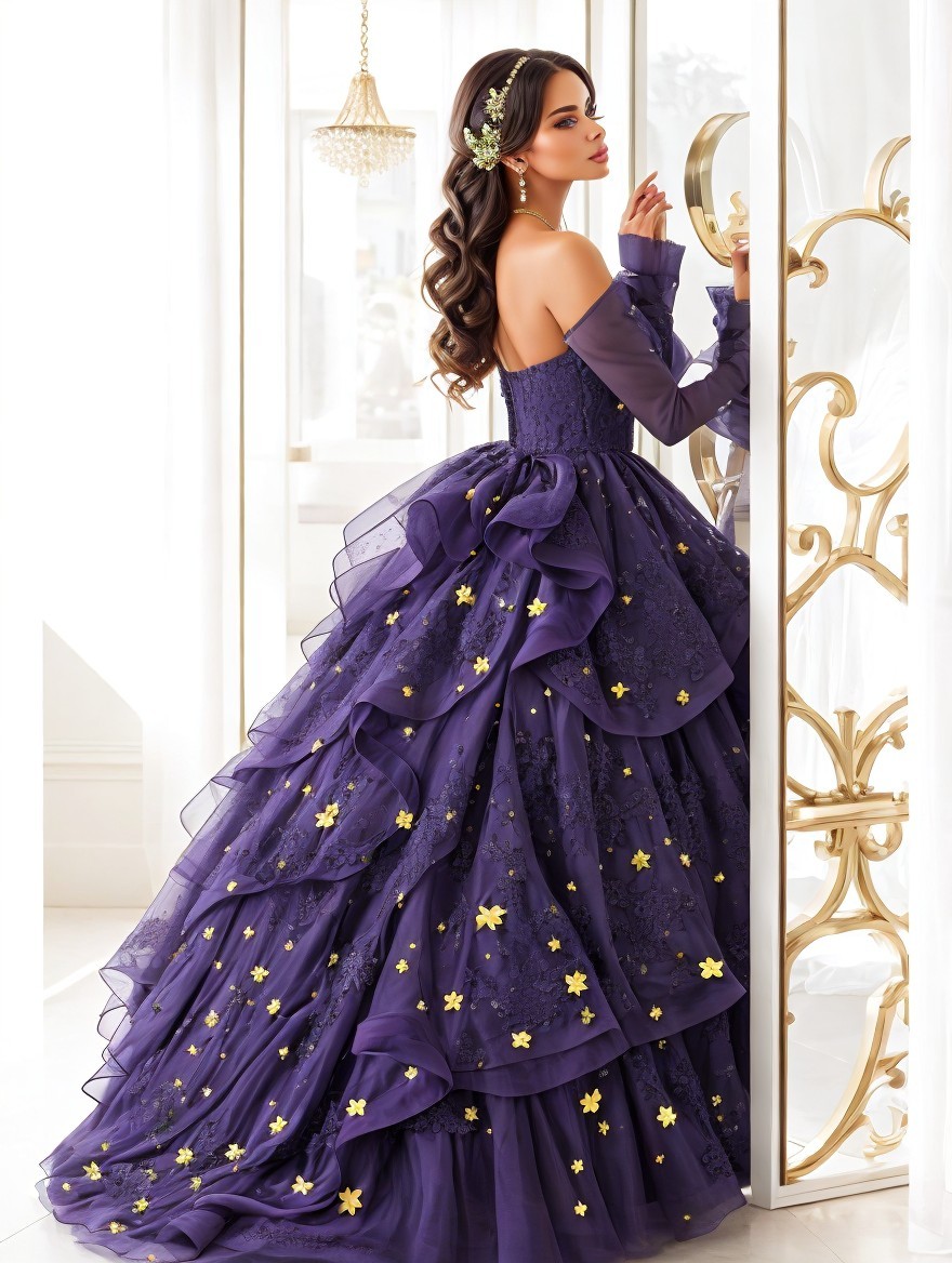 Woman in Purple Ball Gown in Luxurious Room