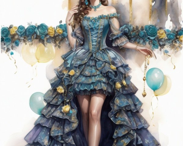 Victorian-inspired dress with ruffles and roses