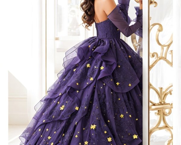 Woman in Purple Ball Gown in Luxurious Room