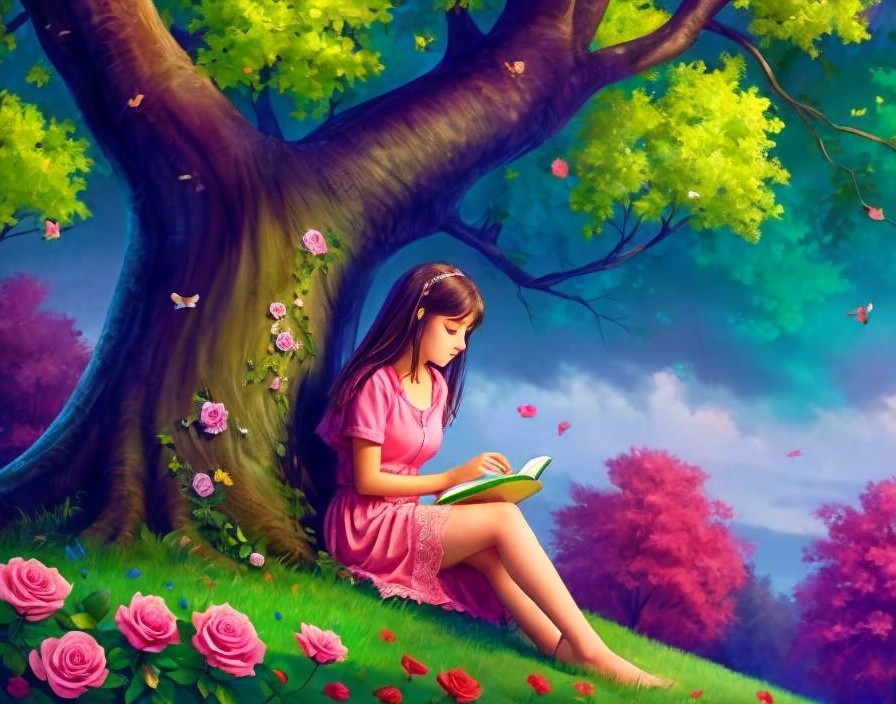 Girl in Pink Dress Reading in Flower-Filled Garden