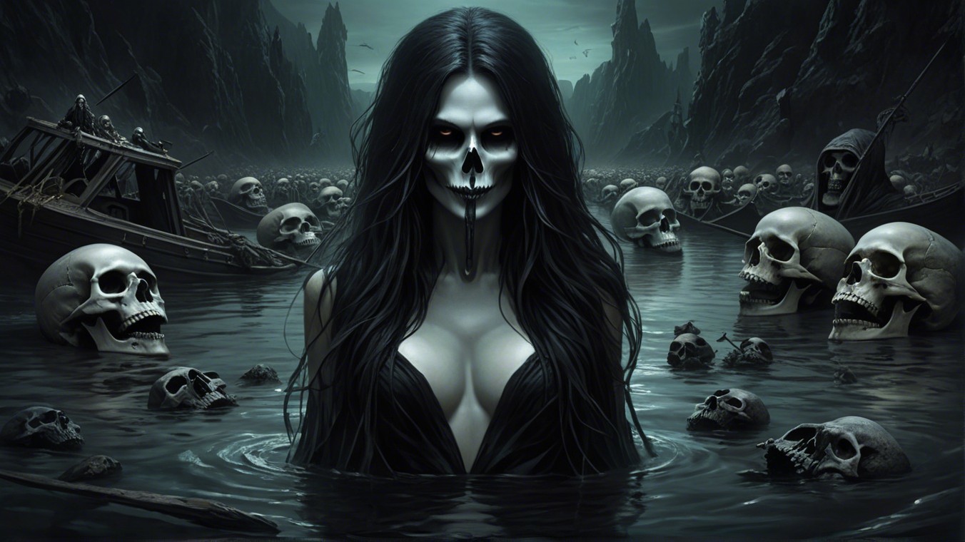Dark Figure Emerges from Murky Waters in Eerie Landscape