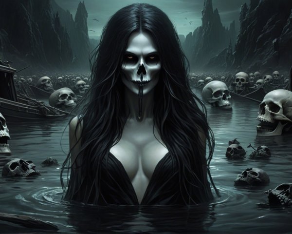 Dark Figure Emerges from Murky Waters in Eerie Landscape