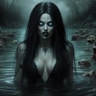 Dark Figure Emerges from Murky Waters in Eerie Landscape