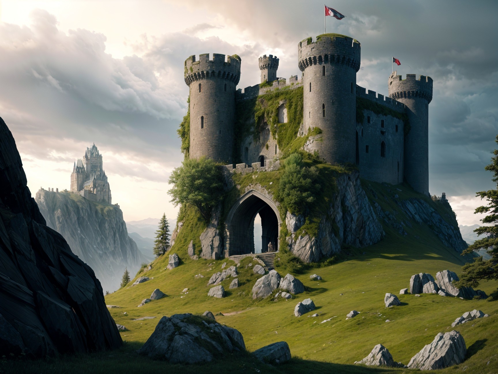 Majestic Medieval Castle on Rocky Outcrop with Greenery