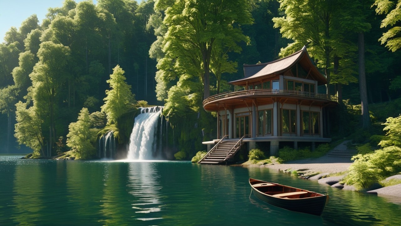 Cottage by a Lake with Waterfall and Lush Trees
