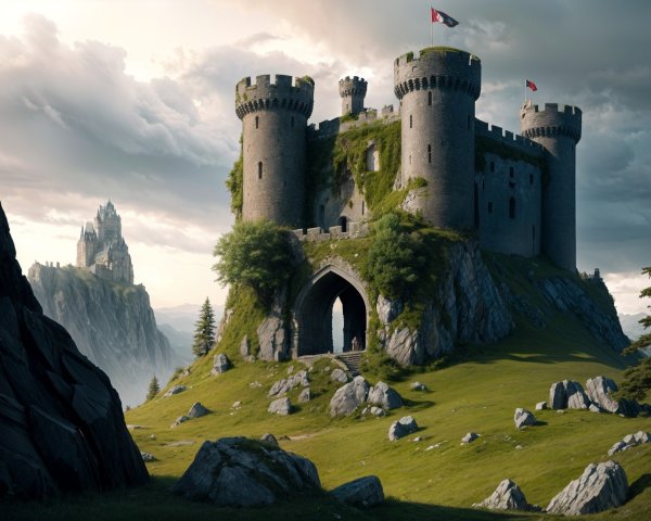 Majestic Medieval Castle on Rocky Outcrop with Greenery