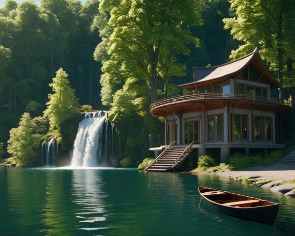 Cottage by a Lake with Waterfall and Lush Trees