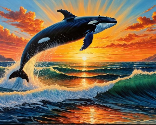 Whale Breaching at Sunset Over Vibrant Ocean Waters