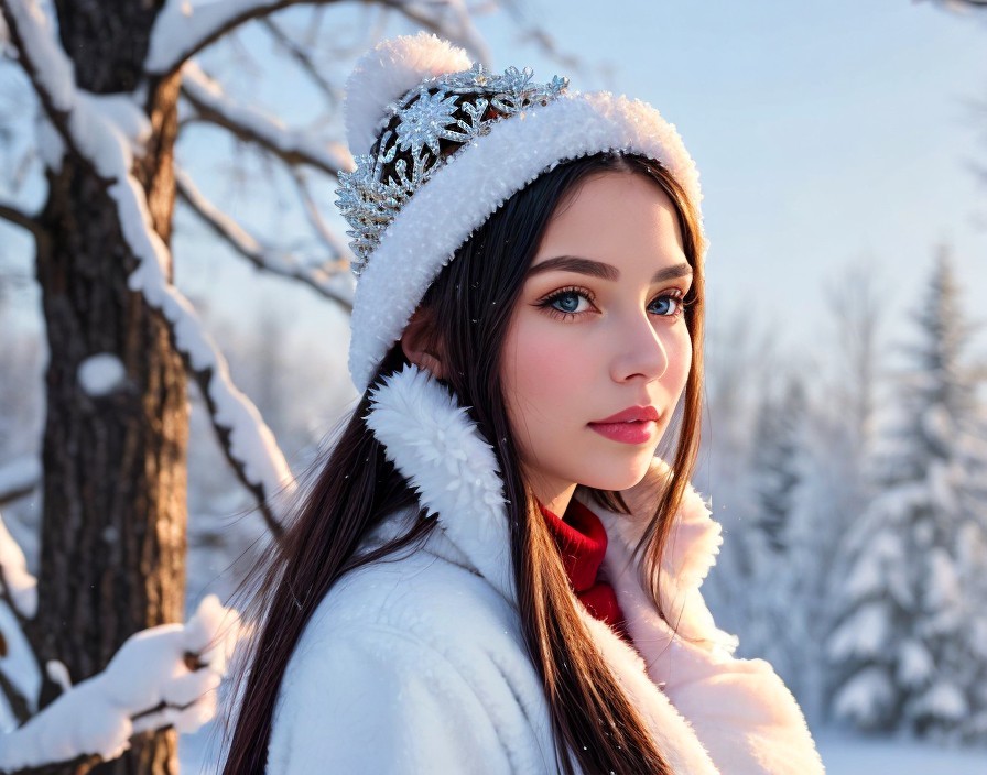 Young woman in winter attire with snowy backdrop