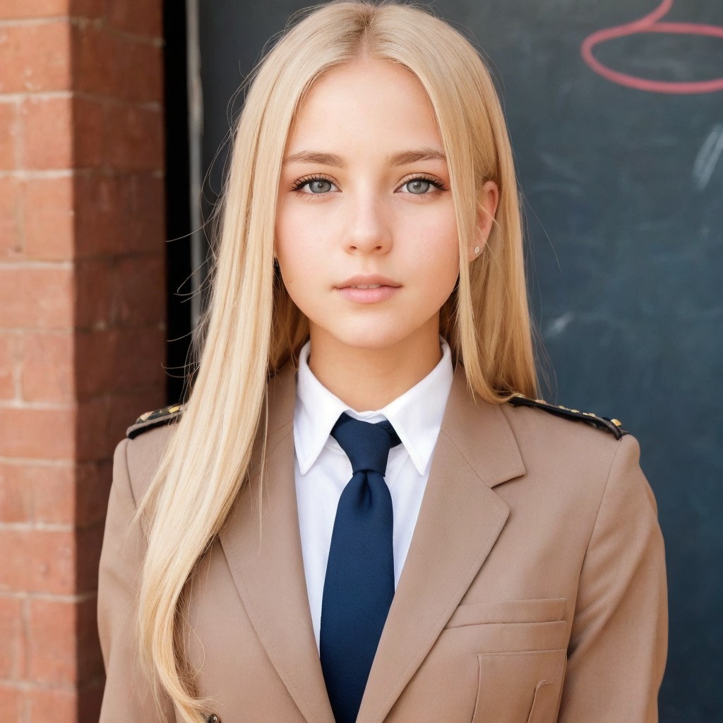 Blonde Woman in Tan Suit Against Brick Wall