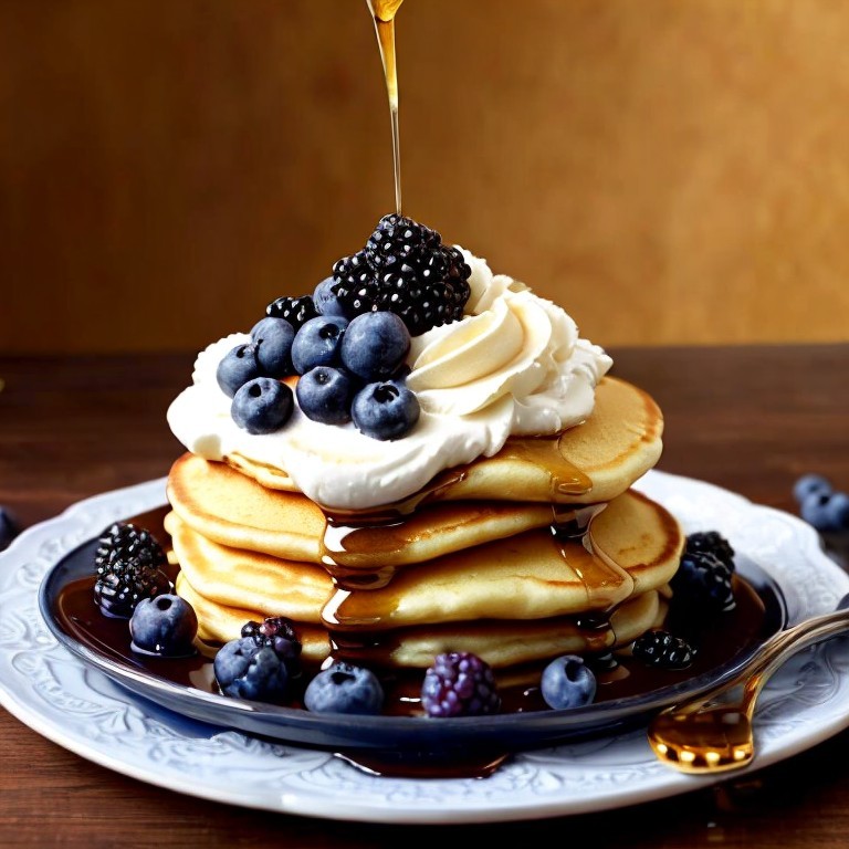 Fluffy pancakes with whipped cream and berries on plate