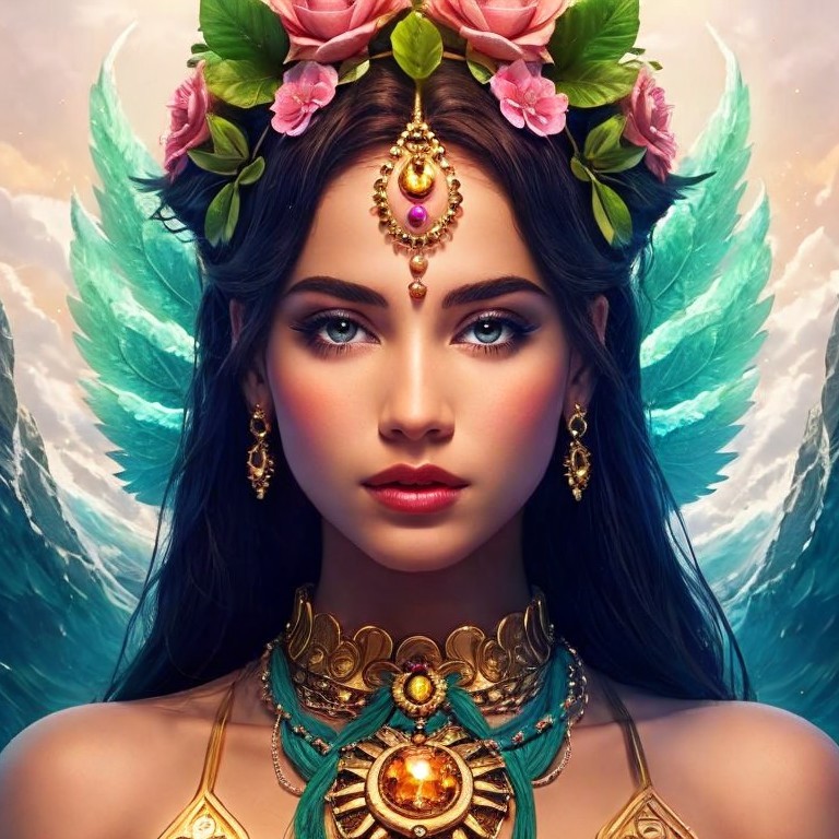 Digital Portrait of a Woman with Floral Crown and Wings