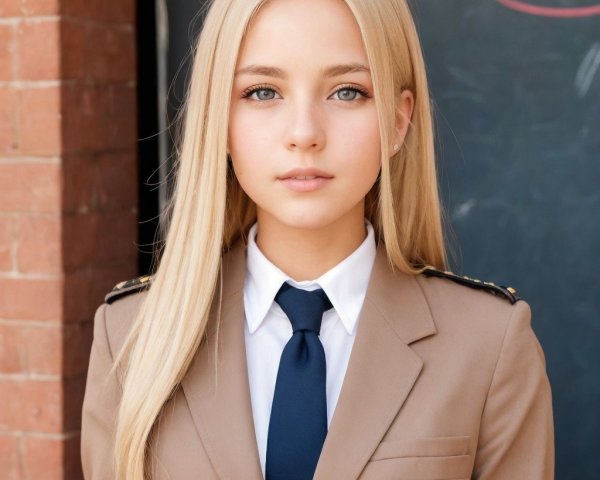 Blonde Woman in Tan Suit Against Brick Wall