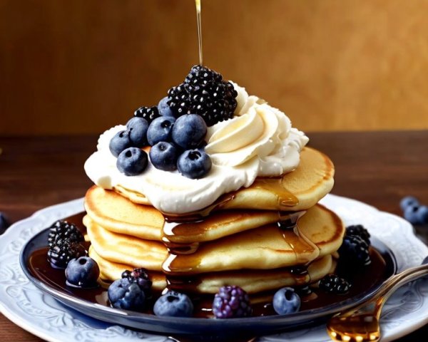 Fluffy pancakes with whipped cream and berries on plate